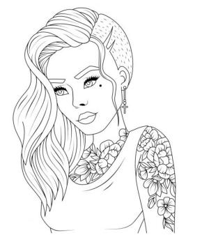 Dövme boyama sayfası, coloring page, Dövmeli havalı Genç Kız,