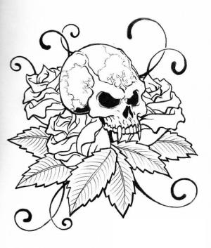 Dövme boyama sayfası, coloring page, Gül ve Çiçek Dövmeli Korkunç Kafatası,
