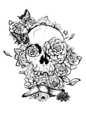 Dövme boyama sayfası, coloring page, Güzel Kafatası ve Gül,