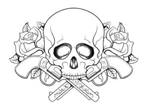 Dövme boyama sayfası, coloring page, İki Tabanca Dövmeli Kafatası,