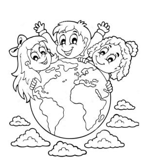 Dünya boyama sayfası,  coloring page, Dünya ve Bulutlar ile Üç Çocuk, 