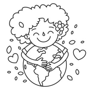 Dünya boyama sayfası,  coloring page, Gülümseyen kız Dünyayı Kucaklıyor, 