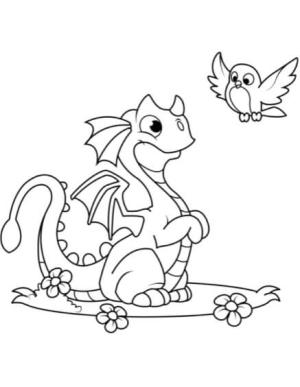 Ejderha boyama sayfası, Dragon coloring page, Ejderha Oturan ve Kuş, 