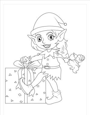 Elf boyama sayfası,  coloring page, Hediye Kutusunda Oturan Eğlenceli Kız Elf, 