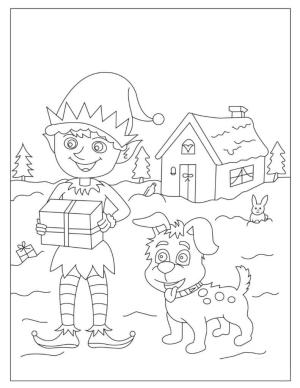 Elf boyama sayfası,  coloring page, Hediye kutusu ve Köpek Tutan Elf, 