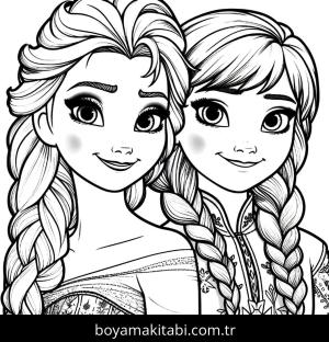Elsa Ve Anna boyama sayfası,  coloring page, renkli, şirin, minimal