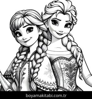 Elsa Ve Anna boyama sayfası,  coloring page, mutlu, minimal, şirin