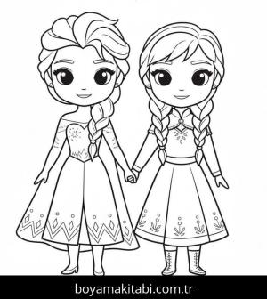 Elsa Ve Anna boyama sayfası – çizgi film temalı, basit çizim