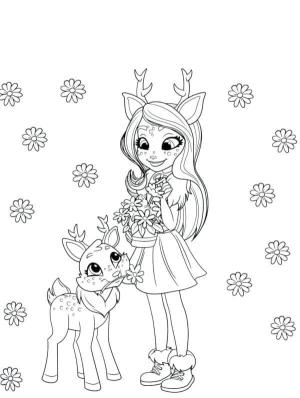 Enchantimals boyama sayfası,  coloring page, Danessa ve Geyiği Bahçede Çiçek Topluyor, 