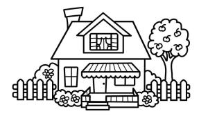 Evler boyama sayfası,  coloring page, Çiçekler ve Ağaç ile Ev, 