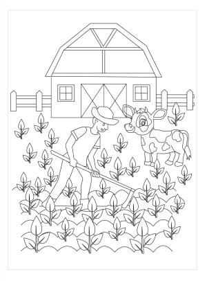 Çiftlik boyama sayfası,  coloring page, Çiftçi ve Çiftlikte İnek, 