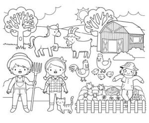 Çiftlik boyama sayfası,  coloring page, Çiftlikte Hayvanlarla İki Çocuk, 