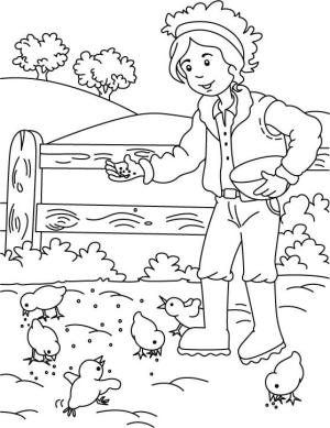 Çiftlik boyama sayfası,  coloring page, Kız Çiftçi ve Altı Civciv, 