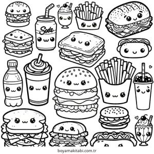 Fast Food boyama sayfası – basit çizim, kolay boyama