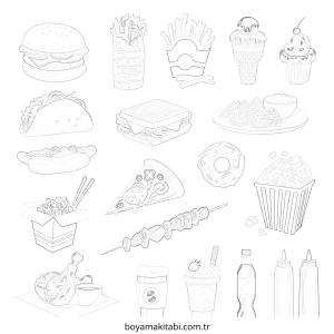 Fast Food boyama sayfası – çocuk aktivitesi, PDF indir