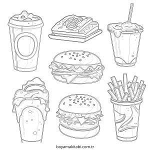 Fast Food boyama sayfası – keyifli zaman, renkli çizimler