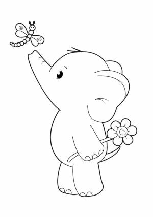 Fil boyama sayfası, Elephants coloring page, Kelebek çiçek tutan Fil, 