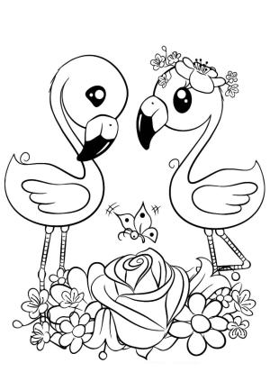 Flamingo boyama sayfası,  coloring page, Çiçekli Çift Flamingolar, 