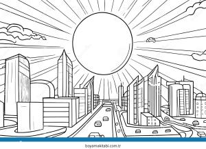Future City boyama sayfası – basit çizim, kolay boyama