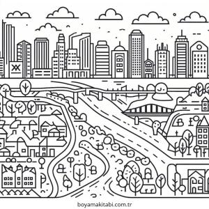 Future City boyama sayfası – PDF indir, sevimli karakter