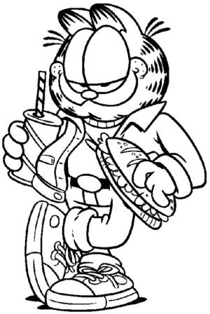 Garfield boyama sayfası,  coloring page, Soda ve sandviç ile Garfield, 