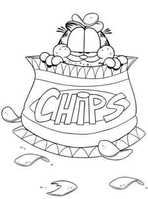 Garfield boyama sayfası,  coloring page, Garfield cips yiyor., 