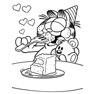 Garfield boyama sayfası,  coloring page, Garfield sevgiyle bir parça kek yiyor, 