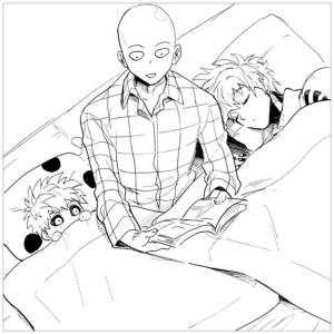 Genos boyama sayfası,  coloring page, Yatakta Saitama ve Genos, 