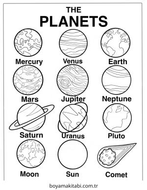 Gezegen boyama sayfası – PDF indir, sevimli karakter