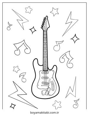 Gitar boyama sayfası – sevimli karakter, sanatsal çalışma