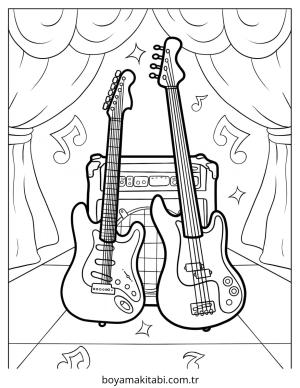 Gitar boyama sayfası – PDF indir, sevimli karakter