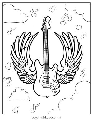 Gitar boyama sayfası – PDF indir, sevimli karakter