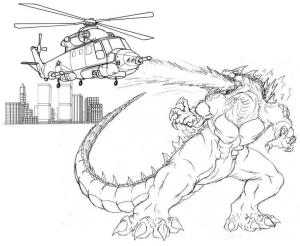 Godzilla boyama sayfası,  coloring page, Godzilla Helikoptere Saldırır, 