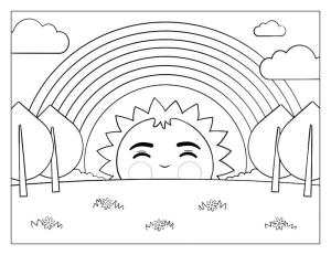 Gökkuşağı boyama sayfası, Rainbow coloring page, Gökkuşağı ile Gülen Güneş, 