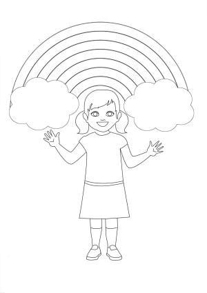 Gökkuşağı boyama sayfası, Rainbow coloring page, Gökkuşağı ile Eğlenceli Kız, 