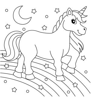 Gökkuşağı boyama sayfası, Rainbow coloring page, Gökkuşağında Yürüyen Tekboynuz, 