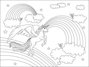 Gökkuşağı boyama sayfası, Rainbow coloring page, Üç Gökkuşağı ve Bulutlu Tek Boynuzlu At, 