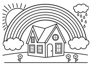 Gökkuşağı boyama sayfası, Rainbow coloring page, Ev ve Gökkuşağı, 