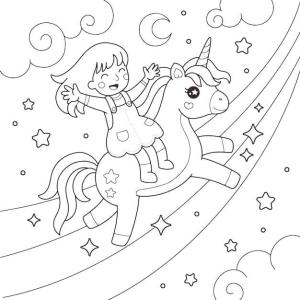 Gökkuşağı boyama sayfası, Rainbow coloring page, Gökkuşağının Üzerinde Uçan Tek Boynuzlu Kız, 