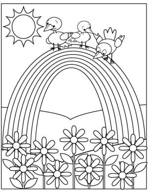 Gökkuşağı boyama sayfası, Rainbow coloring page, Çiçeklerle Gökkuşağında Üç Kuş, 