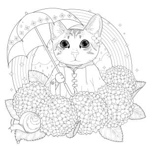 Gökkuşağı boyama sayfası, Rainbow coloring page, Gökkuşağıyla Şemsiye Tutan Kedi, 