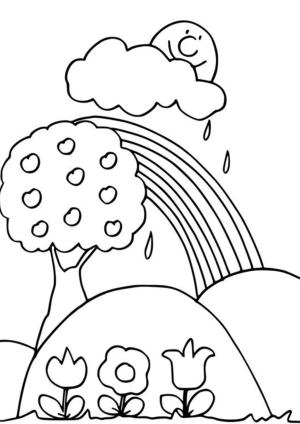 Gökkuşağı boyama sayfası, Rainbow coloring page, Ağaç ve Çiçeklerle Gökkuşağı, 