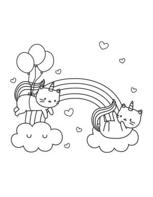 Gökkuşağı boyama sayfası, Rainbow coloring page, Gökkuşağı ile İki Tek Boynuzlu Kedi, 