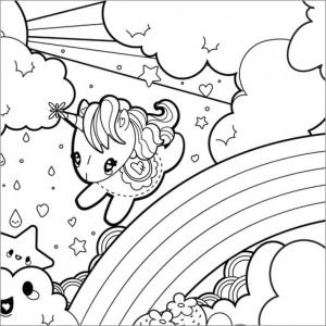 Gökkuşağı boyama sayfası, Rainbow coloring page, Kawaii Tek Boynuzlu At ve Gökkuşağı, 