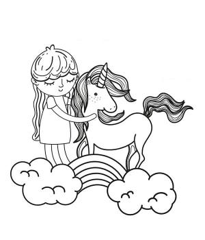 Gökkuşağı boyama sayfası, Rainbow coloring page, Gökkuşağı üzerinde tek Boynuzlu Atlı Kız, 