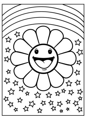 Gökkuşağı boyama sayfası, Rainbow coloring page, Gökkuşağı ve Yıldızlarla Eğlenceli Çiçek, 