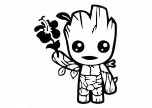 Groot boyama sayfası,  coloring page, Bir çiçek tutan Chibi Groot, 