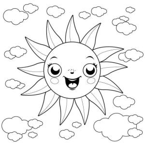 Güneş boyama sayfası,  coloring page, Bulutlar ile Güzel Güneş, 