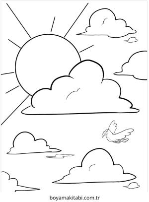 Güneş boyama sayfası – çizgi film temalı, basit çizim