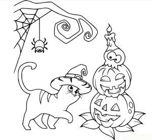 Halloween boyama sayfası,  coloring page, Cadı Kedi ve Örümcek Ağlı Balkabakları, 